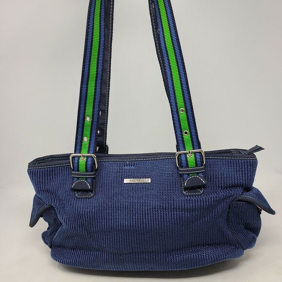 The Sak Navy Blue woven green & blue ribbon handle crochet satchel shoulder bag - Picture 3 of 12